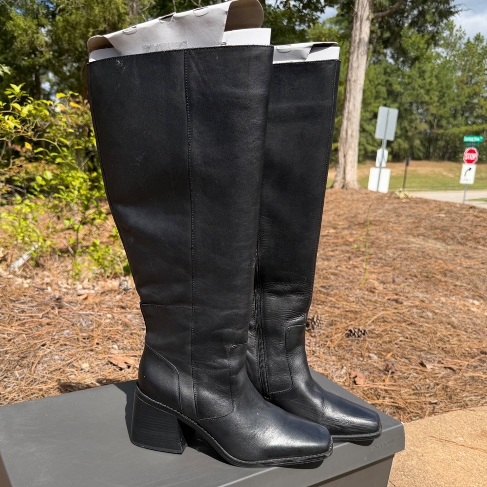 Vince Camuto Seshon2 Black Leather Square Toe Block Heel Wide Calf Boots 10M WC
